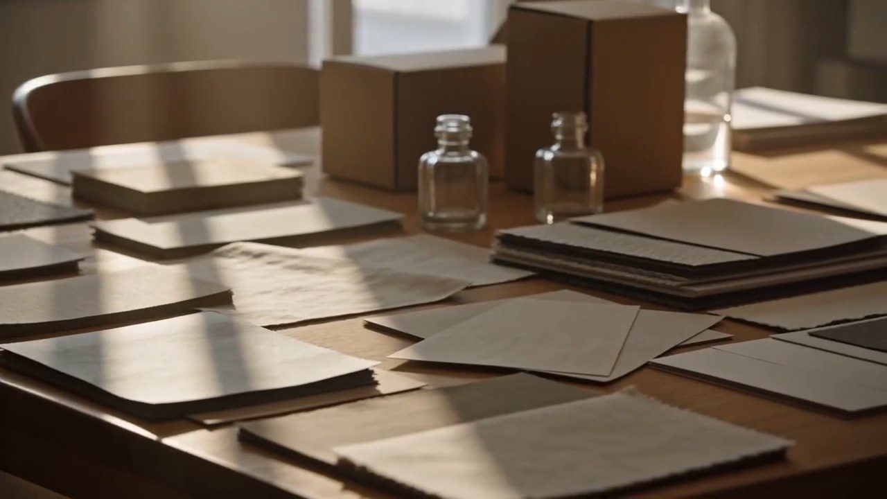 Packaging work in progress on a desk.