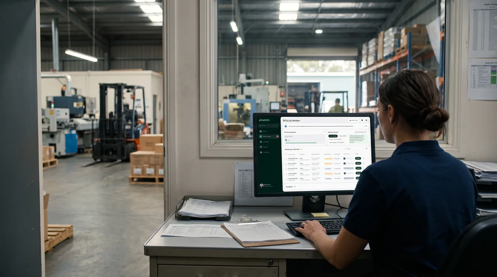 A packaging supplier reviewing SKUs in Phantm at a warehouse workstation.